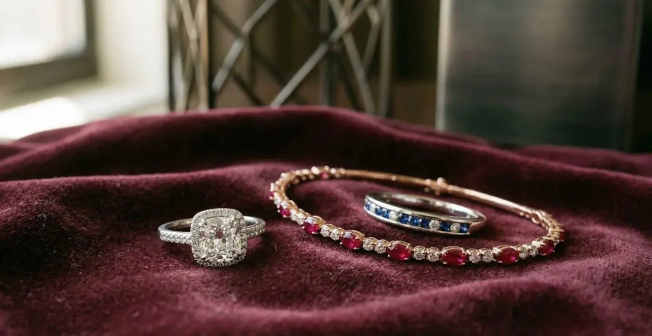 Écrin de haute joaillerie avec pierres précieuses dans un environnement sécurisé symbolisant l'investissement