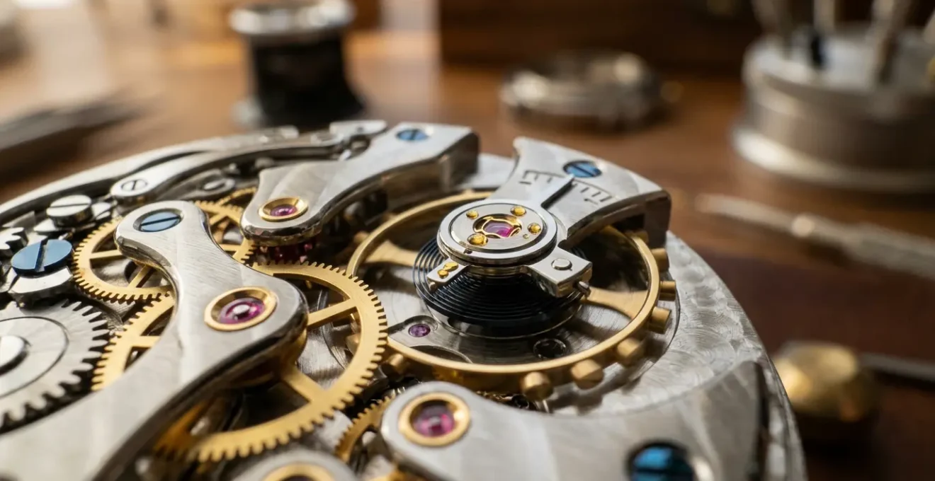 Vue détaillée d'un mouvement horloger mécanique révélant la complexité des rouages et engrenages