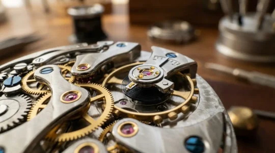 Vue détaillée d'un mouvement horloger mécanique révélant la complexité des rouages et engrenages