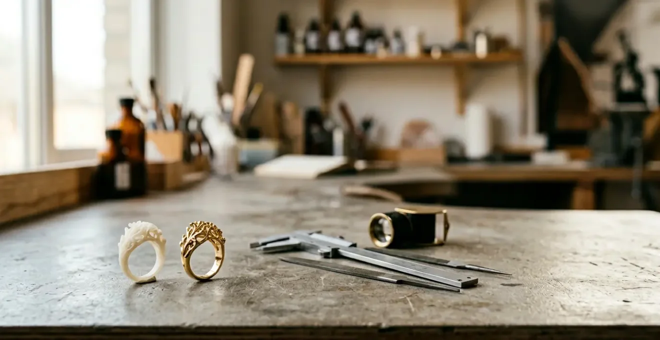 Atelier de création de bijoux avec modèle en résine et bague en or, illustrant le processus d'impression 3D à cire perdue