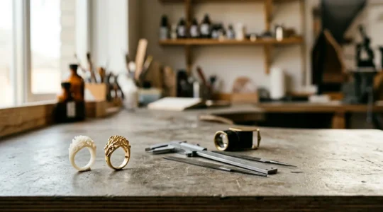 Atelier de création de bijoux avec modèle en résine et bague en or, illustrant le processus d'impression 3D à cire perdue