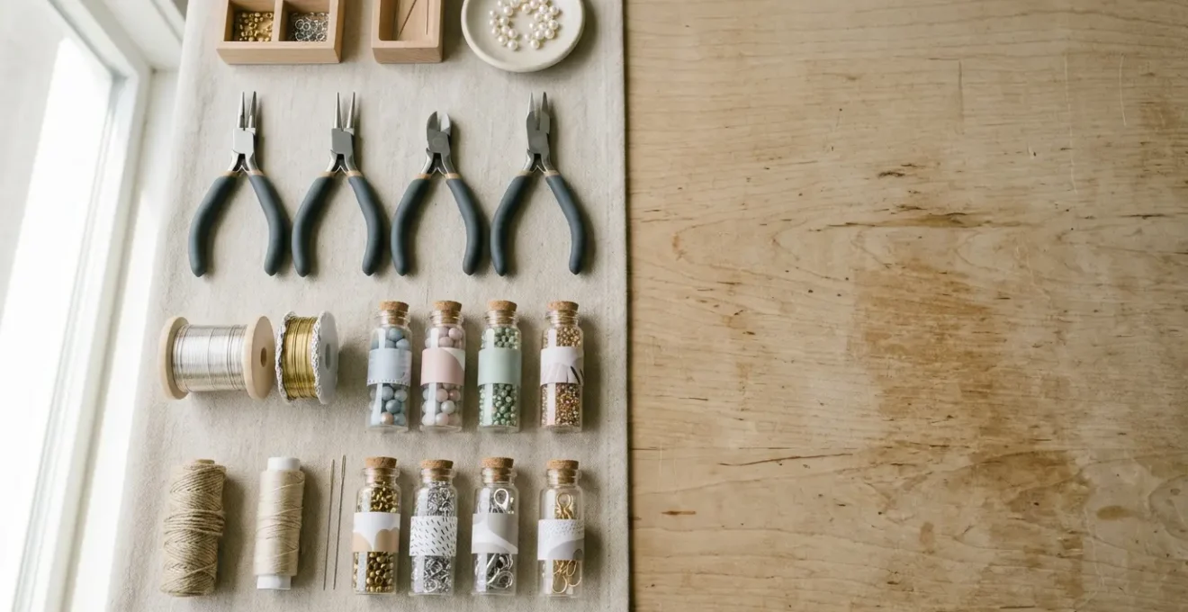 Composition floue de fournitures de bijouterie disposées de manière organisée sur surface claire