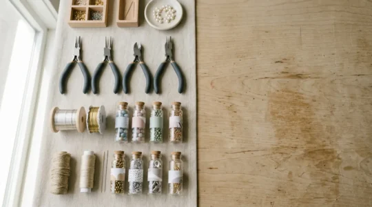 Composition floue de fournitures de bijouterie disposées de manière organisée sur surface claire