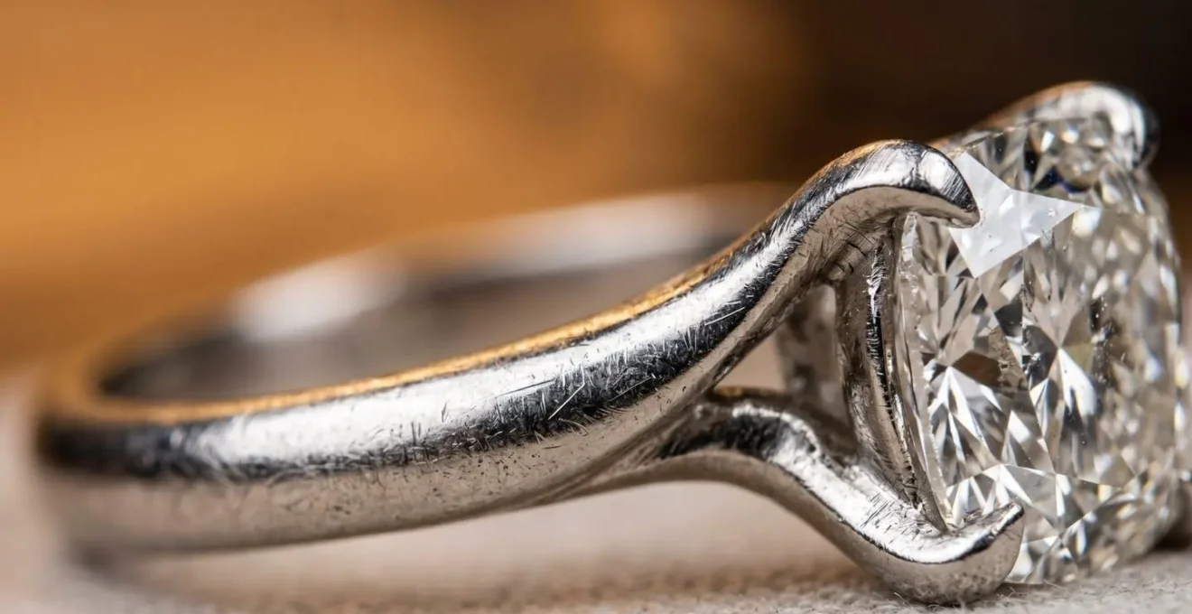 Très gros plan sur les griffes en métal précieux d'une bague solitaire montrant la texture du métal