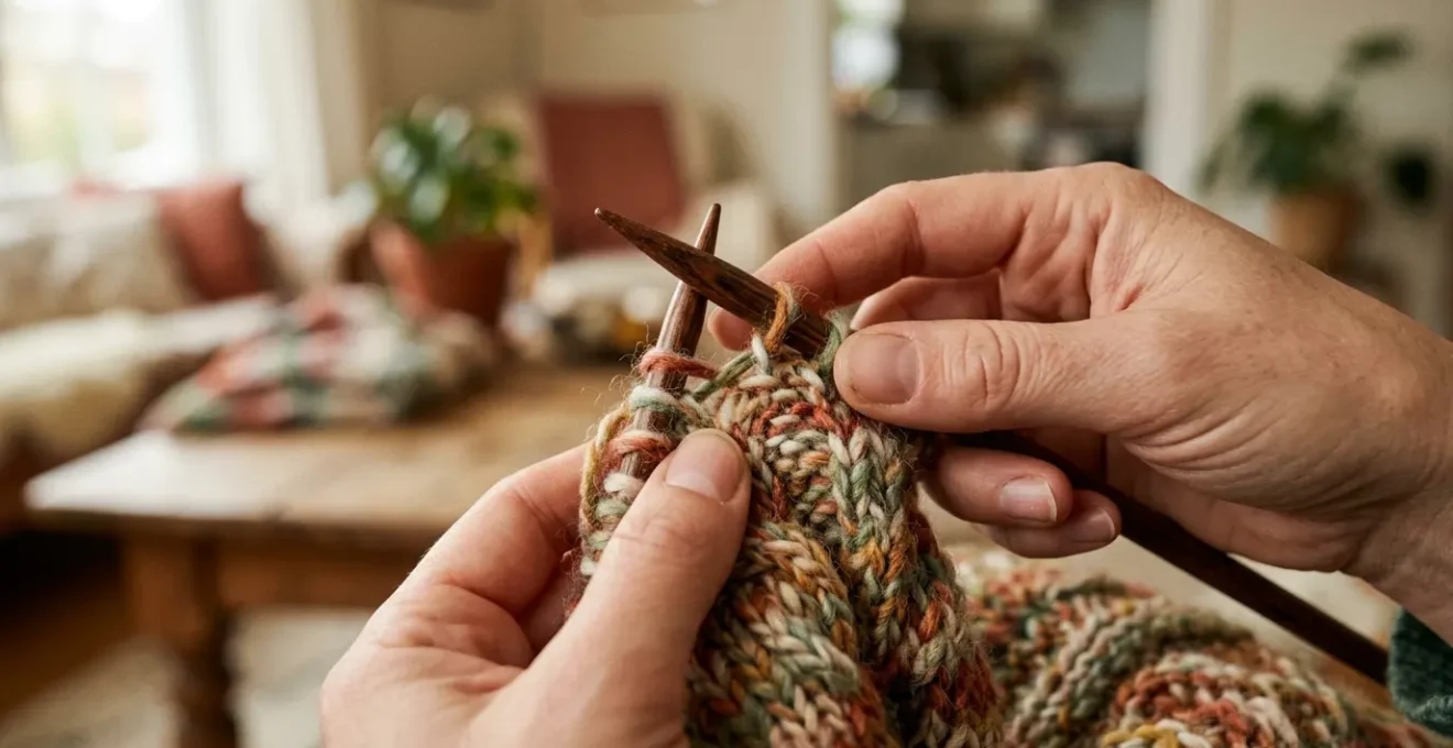 Gros plan de mains en train de tricoter avec du fil coloré dans une ambiance apaisante