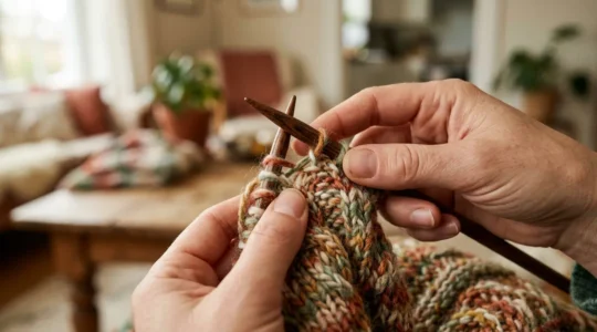 Gros plan de mains en train de tricoter avec du fil coloré dans une ambiance apaisante
