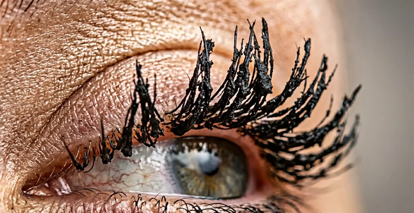 Gros plan détaillé sur des cils maquillés présentant l'effet paquets de mascara volumisant