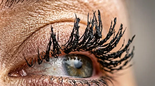 Gros plan détaillé sur des cils maquillés présentant l'effet paquets de mascara volumisant