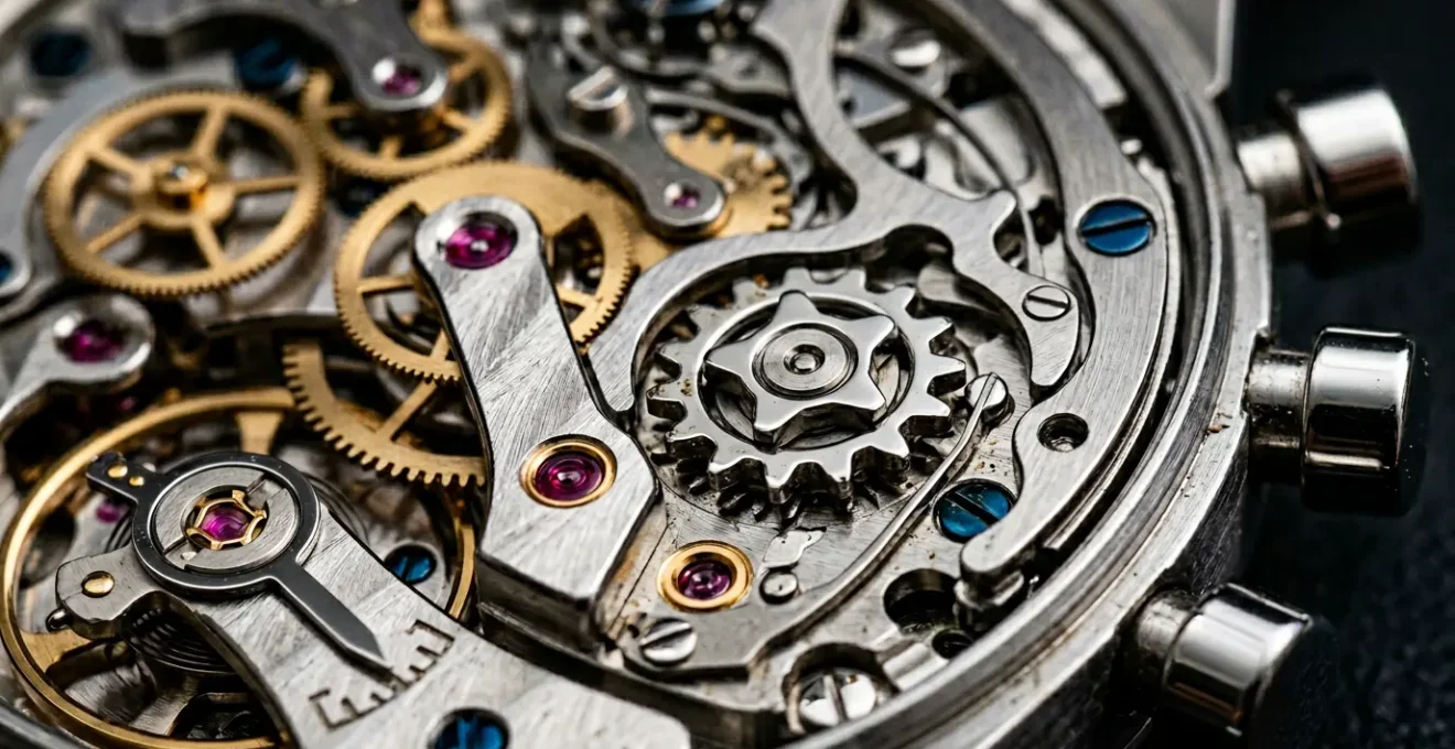 Gros plan macro sur les poussoirs et mécanisme d'un chronographe mécanique de luxe