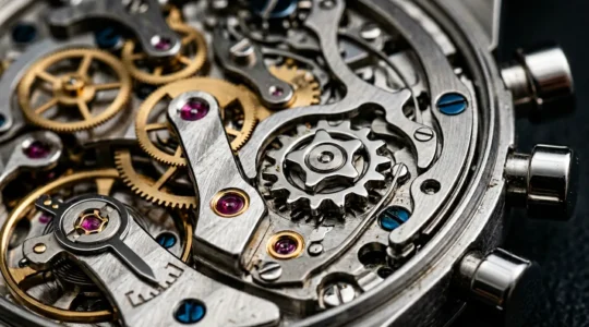 Gros plan macro sur les poussoirs et mécanisme d'un chronographe mécanique de luxe