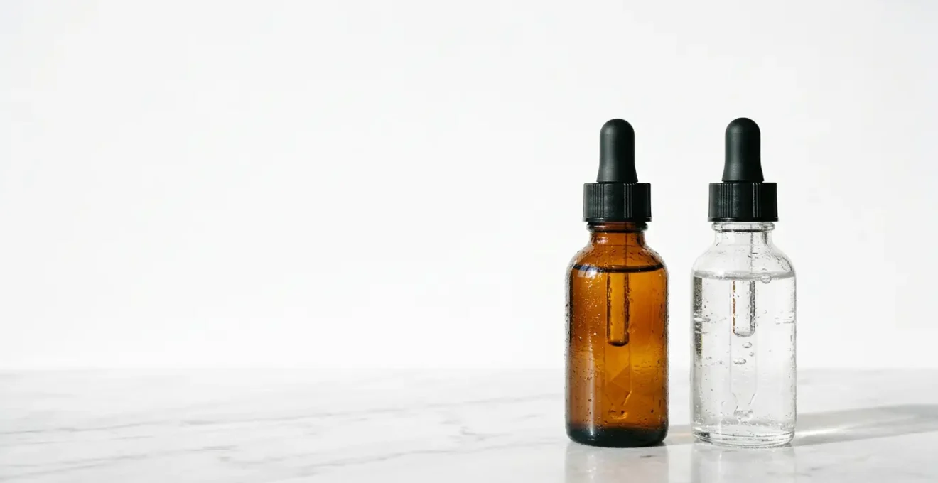 Sérum de skincare vitamine C et rétinol sur fond neutre, composition minimaliste