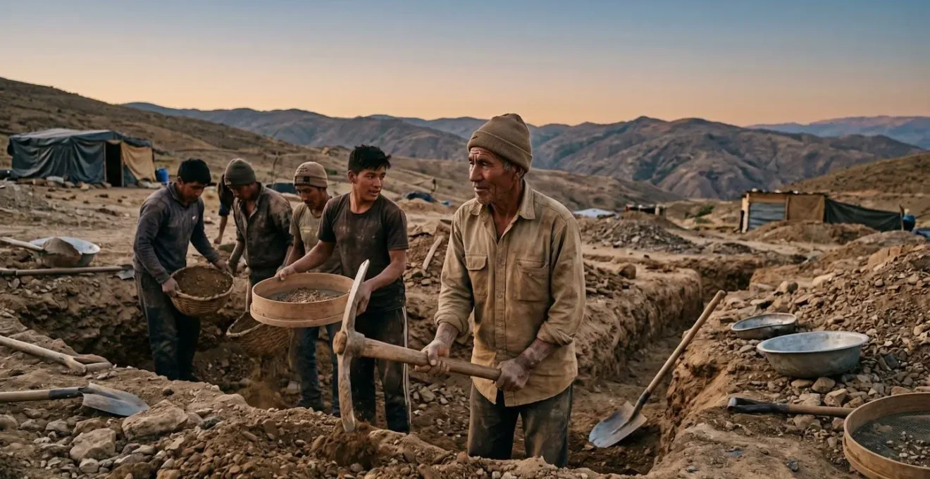 Portrait environnemental d'un groupe de mineurs artisanaux dans leur communauté, photographié avec dignité et respect
