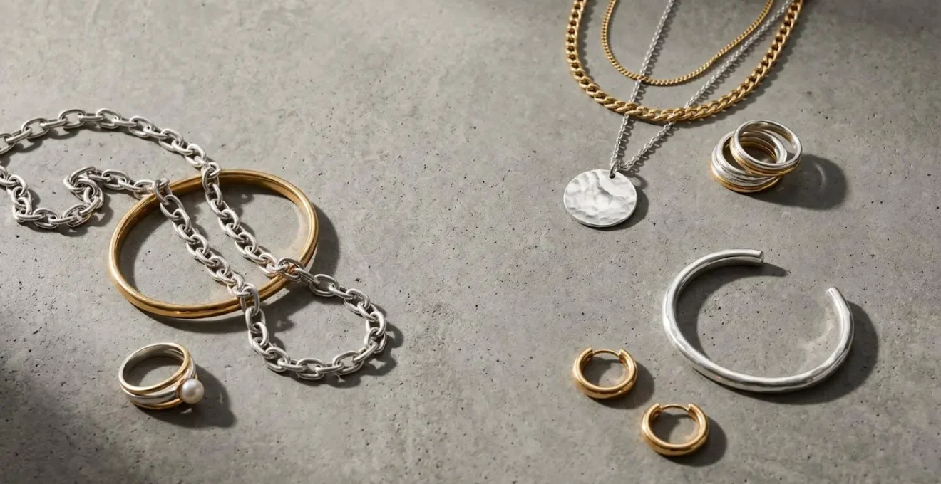 Composition de bijoux en or et argent mélangés avec harmonie