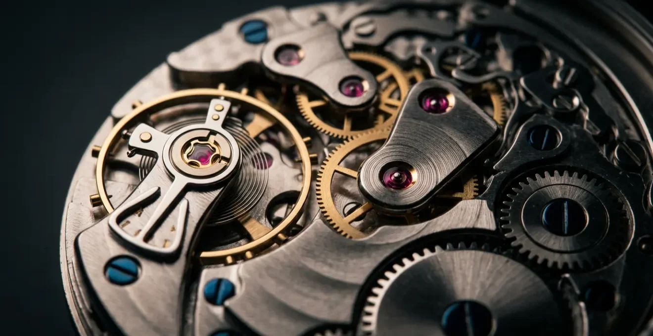 Gros plan détaillé sur le mécanisme d'une montre automatique avec rotor et spiral en mouvement