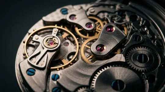 Gros plan détaillé sur le mécanisme d'une montre automatique avec rotor et spiral en mouvement