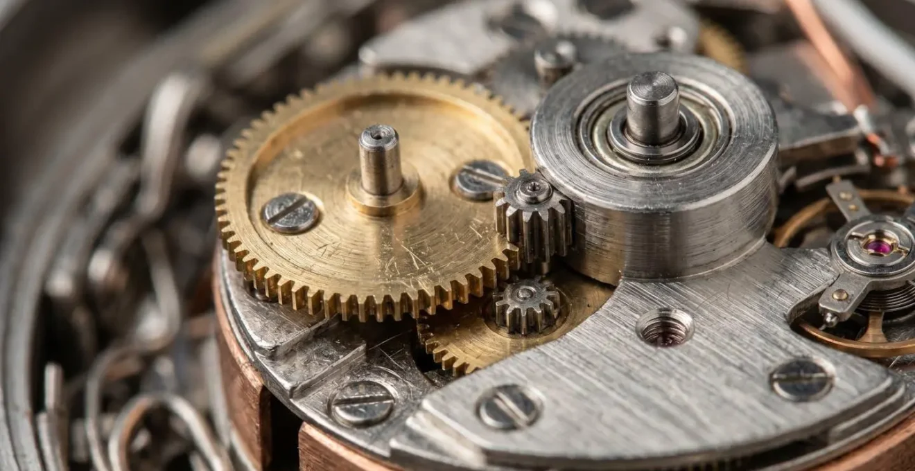 Détail macro d'un mécanisme de remontoir de montre avec moteur ultra-silencieux