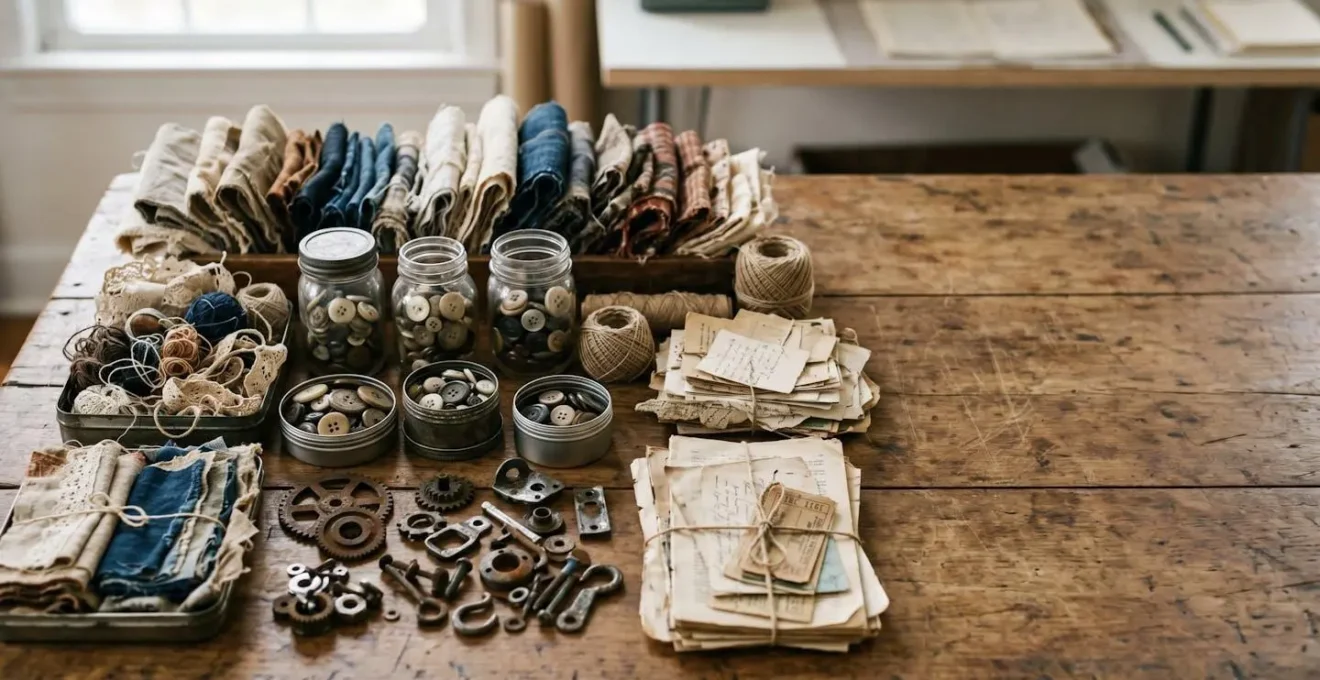 Composition de matériaux recyclés transformés en éléments créatifs pour bijoux et broderie