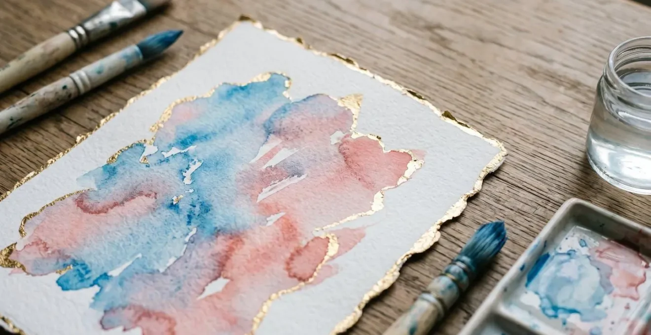 Aquarelle abstraite montrant des coulures et imperfections sublimées avec des touches dorées