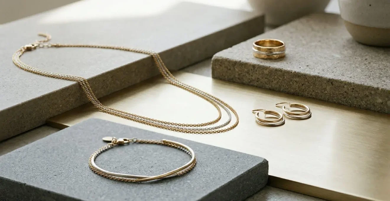 Mise en scène élégante de bijoux modernes mixant or et argent dans une composition raffinée
