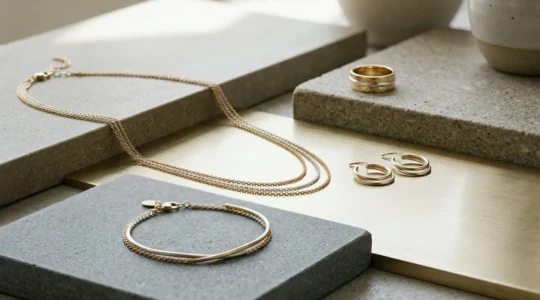 Mise en scène élégante de bijoux modernes mixant or et argent dans une composition raffinée