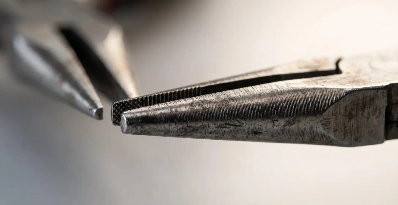 Gros plan extrême sur des pinces de bijouterie montrant la texture du métal et la précision des bouts