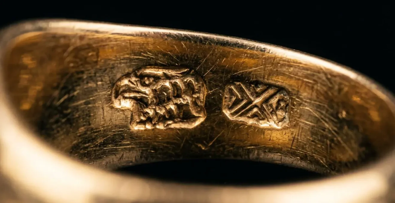 Gros plan macro sur un poinçon de maître gravé dans l'or d'une bague ancienne révélant la finesse du marquage artisanal