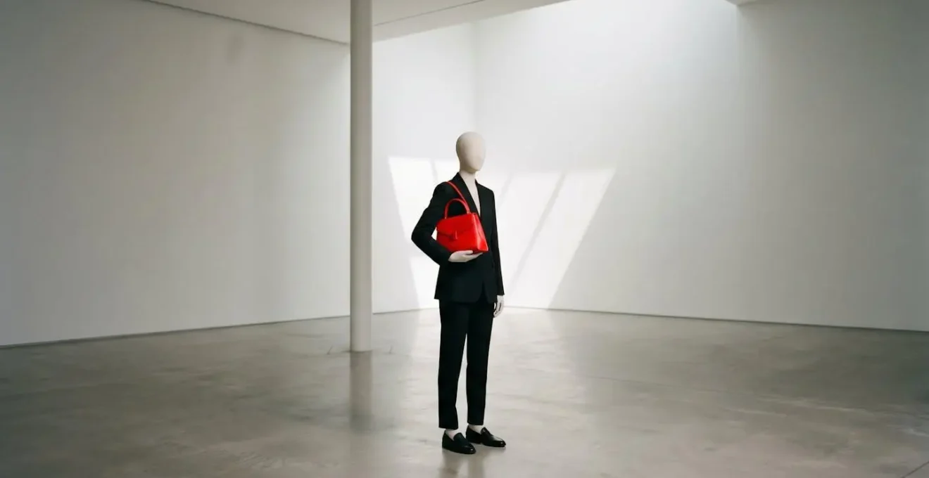 Composition minimaliste montrant une silhouette entièrement noire dynamisée par un unique accessoire de couleur vive.