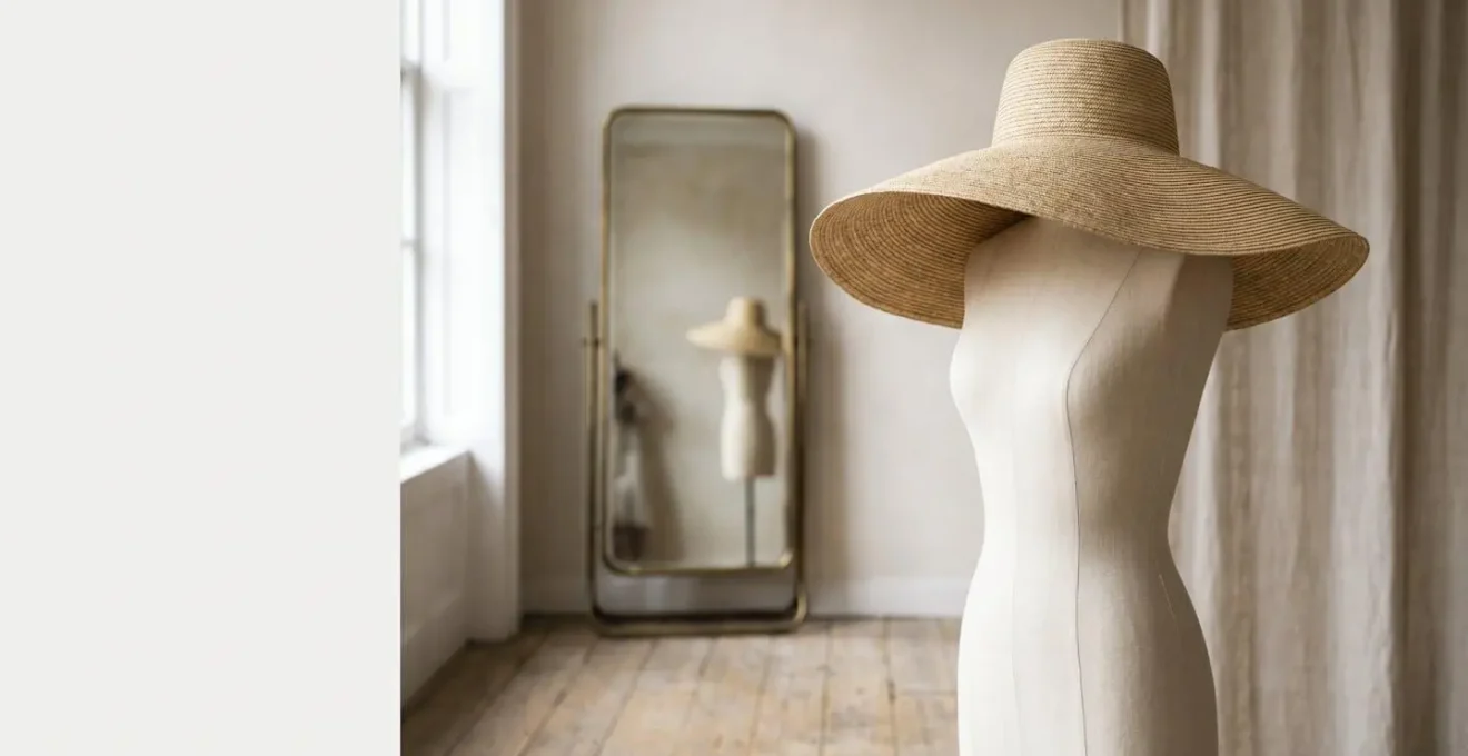 Mise en scène conceptuelle illustrant l'équilibre des proportions entre un chapeau à large bord et la silhouette complète