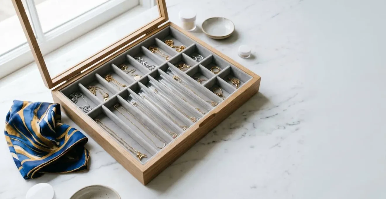 Organisation méticuleuse de chaînes fines dans compartiments velours pour préservation optimale