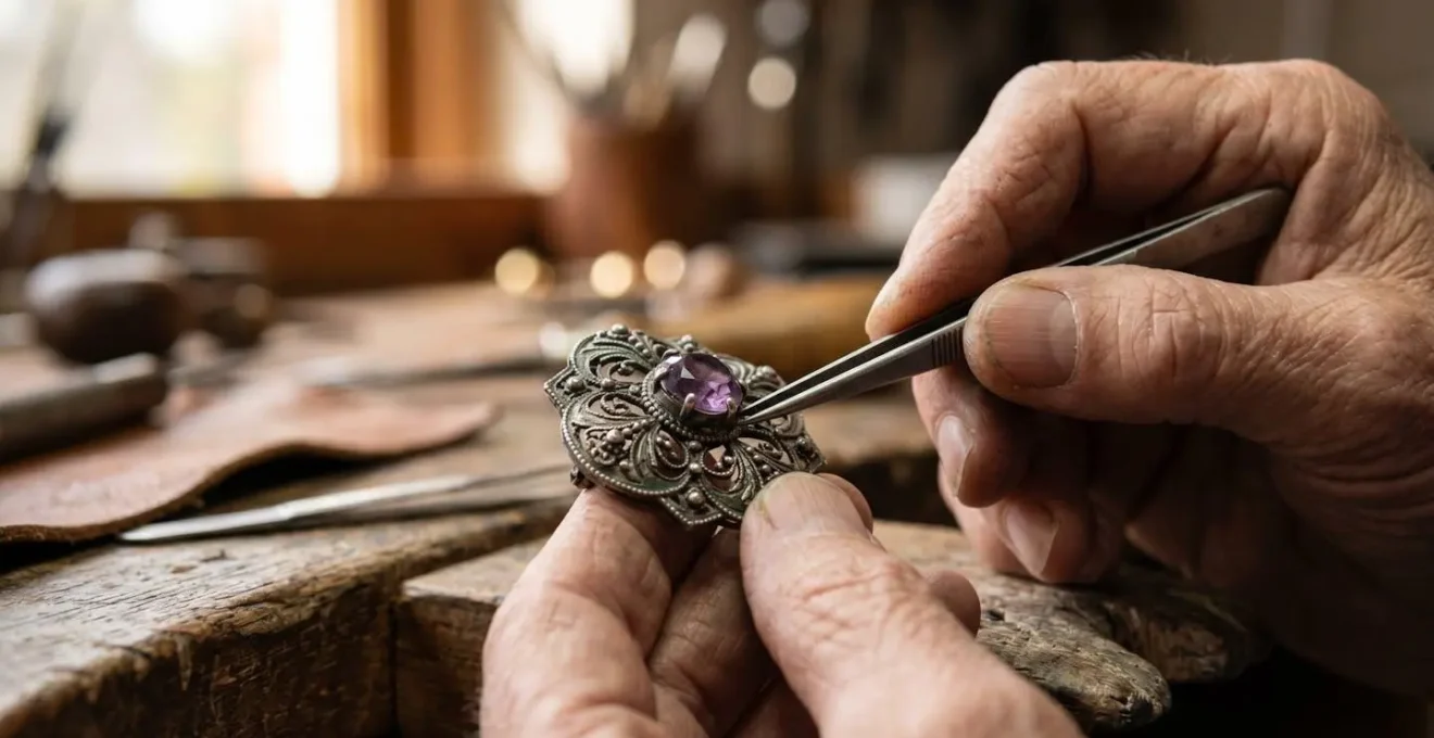 Mains d'artisan restaurateur travaillant délicatement sur un bijou ancien avec outils de précision