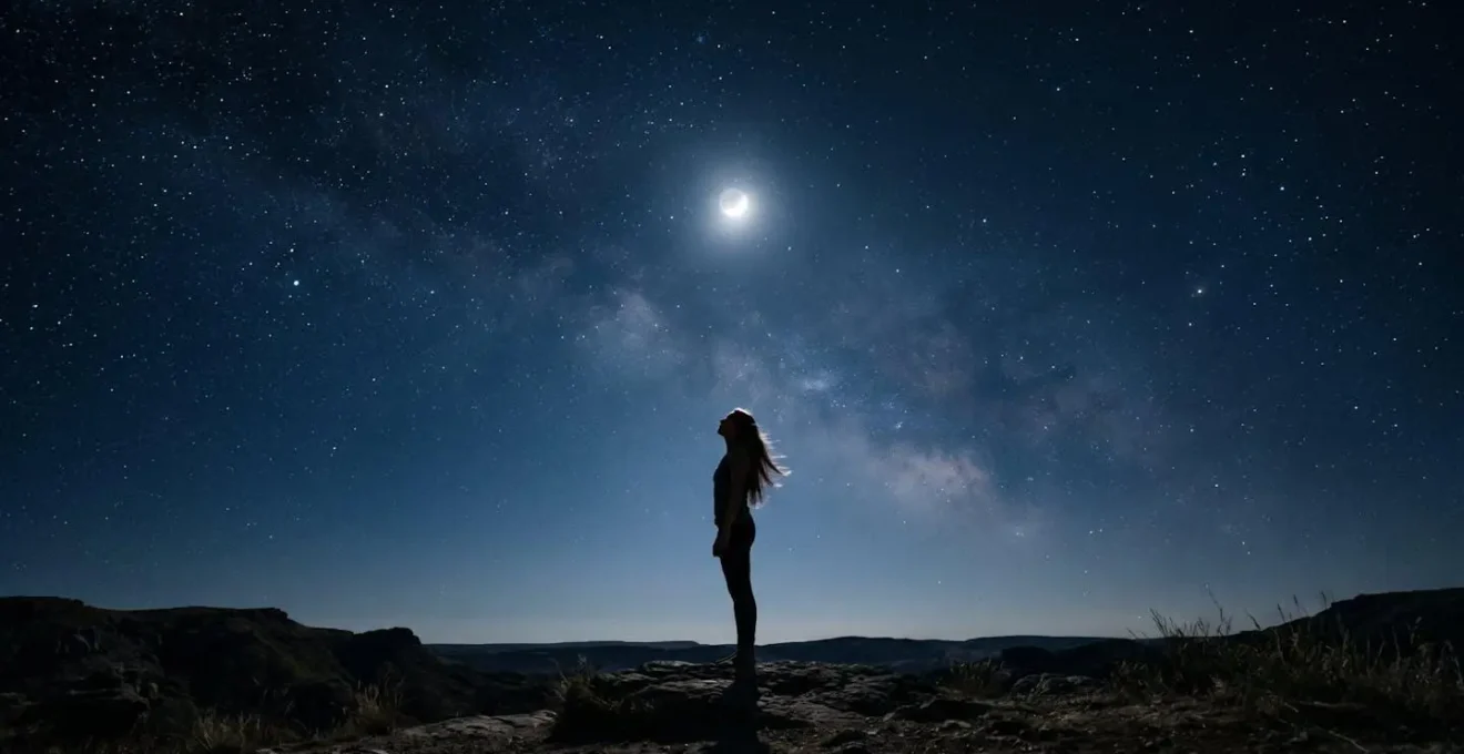 Atmosphère nocturne minimaliste avec silhouette contemplative sous lumière lunaire évoquant rituels capillaires