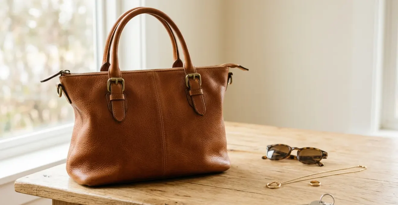Sac de luxe en cuir avec accessoires quotidiens sur fond neutre