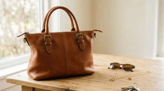 Sac de luxe en cuir avec accessoires quotidiens sur fond neutre
