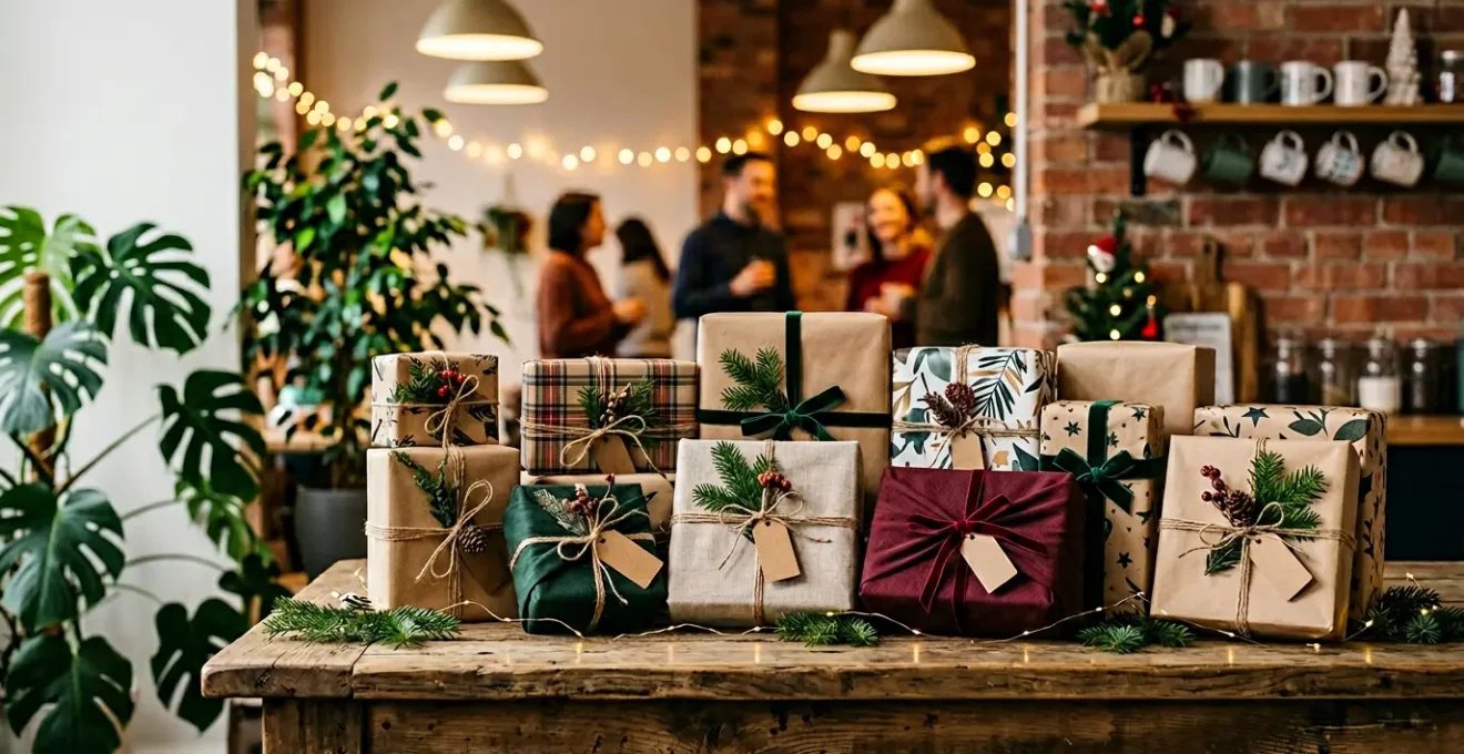 Scène festive de bureau avec échange de cadeaux Secret Santa entre collègues dans une ambiance chaleureuse et conviviale