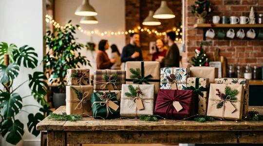 Scène festive de bureau avec échange de cadeaux Secret Santa entre collègues dans une ambiance chaleureuse et conviviale