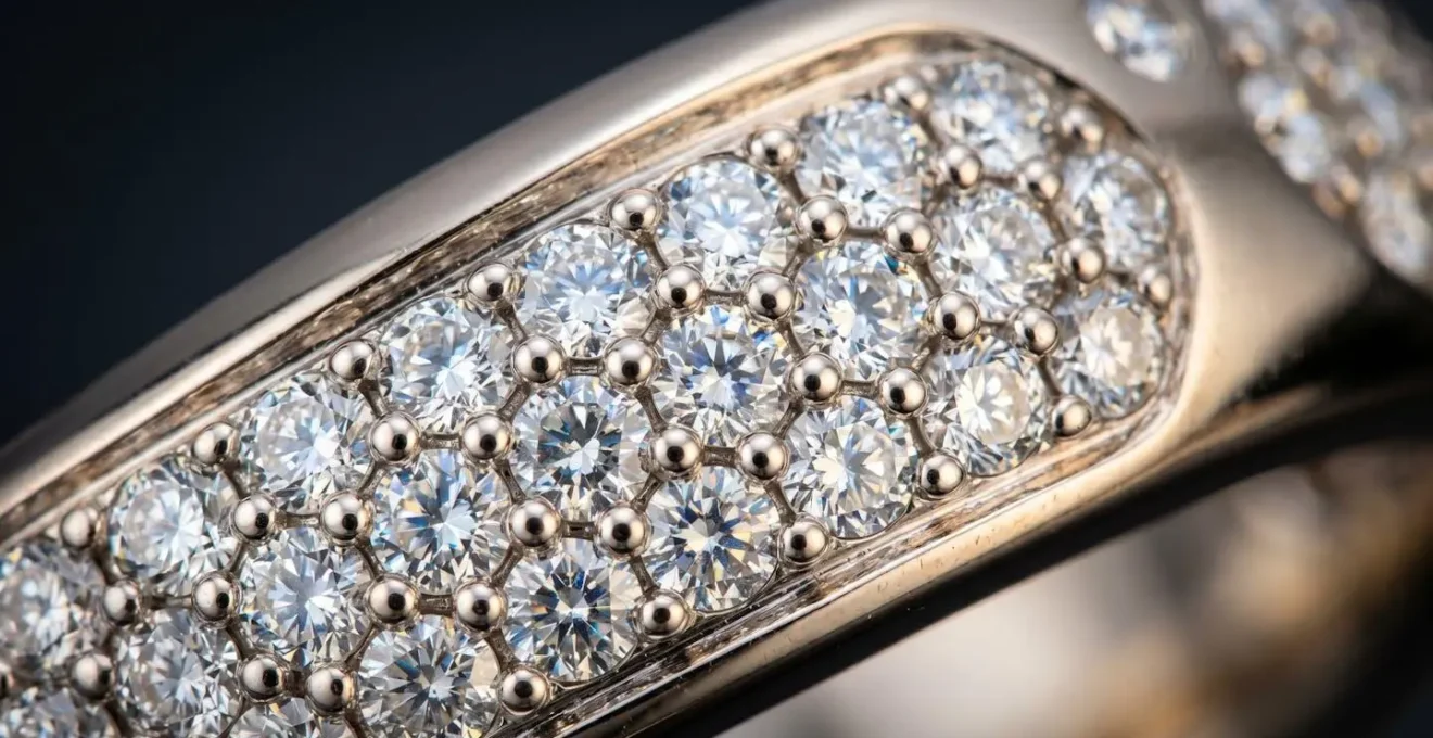 Vue macro d'un serti grain de diamants montrant la régularité parfaite des perles de métal caractéristique du savoir-faire Cartier