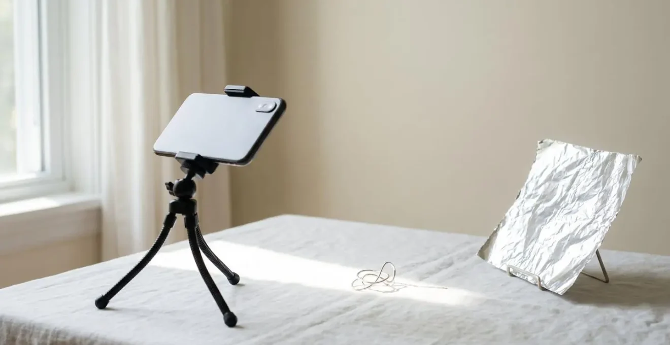 Installation photographique DIY avec lumière naturelle pour bijoux artisanaux sur smartphone