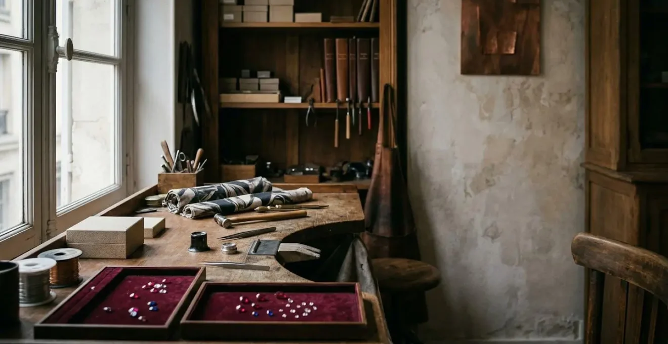 Atelier de haute joaillerie avec outils traditionnels et ecrin de pierres precieuses mettant en valeur le savoir-faire artisanal francais