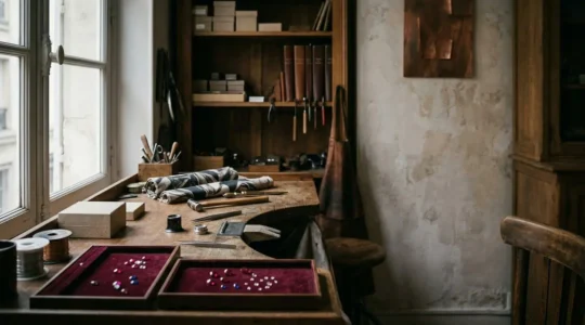 Atelier de haute joaillerie avec outils traditionnels et ecrin de pierres precieuses mettant en valeur le savoir-faire artisanal francais