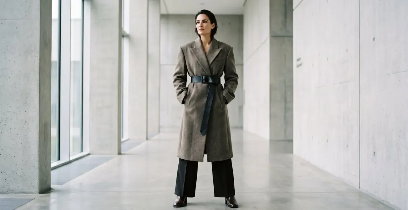 Silhouette en V inversé créée par manteau oversize ceinturé symbolisant autorité et maîtrise du volume