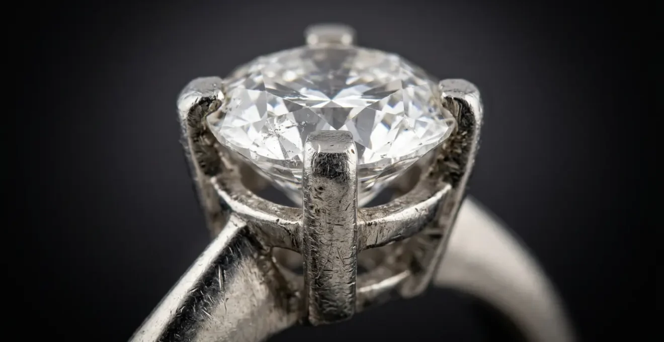 Gros plan détaillé sur les griffes usées d'une bague solitaire en or blanc maintenant un diamant, montrant l'usure du métal après plusieurs années de port quotidien