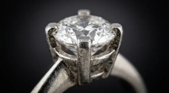 Gros plan détaillé sur les griffes usées d'une bague solitaire en or blanc maintenant un diamant, montrant l'usure du métal après plusieurs années de port quotidien