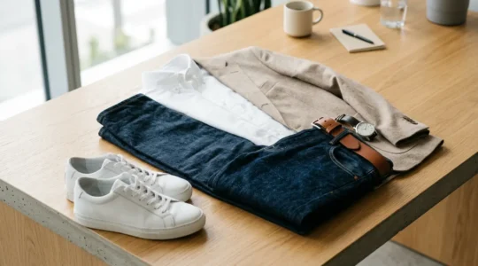 Tenue casual chic professionnelle pour le vendredi au bureau avec jean et blazer