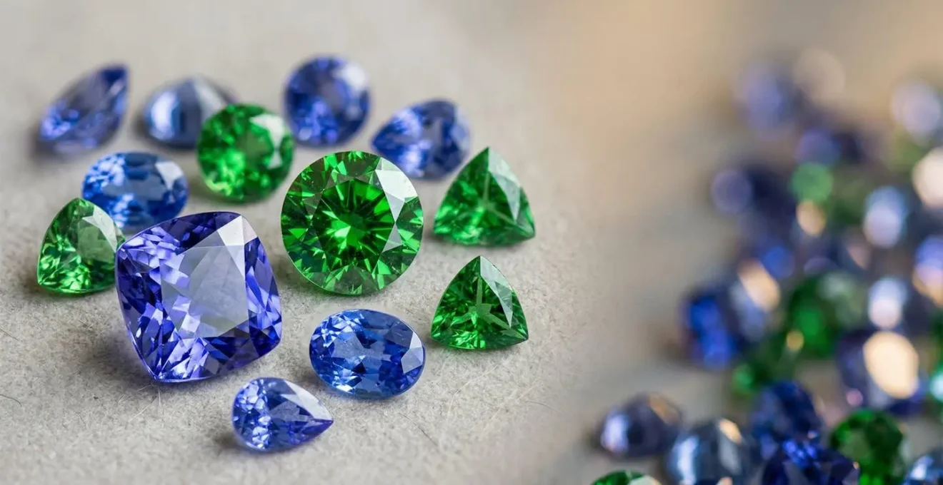 Gros plan sur des pierres précieuses de tanzanite bleue-violette et tsavorite verte éclatante non montées