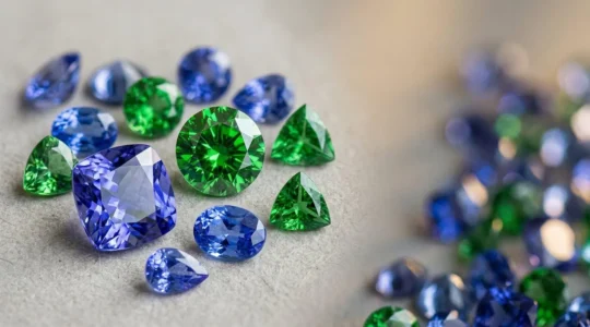 Gros plan sur des pierres précieuses de tanzanite bleue-violette et tsavorite verte éclatante non montées