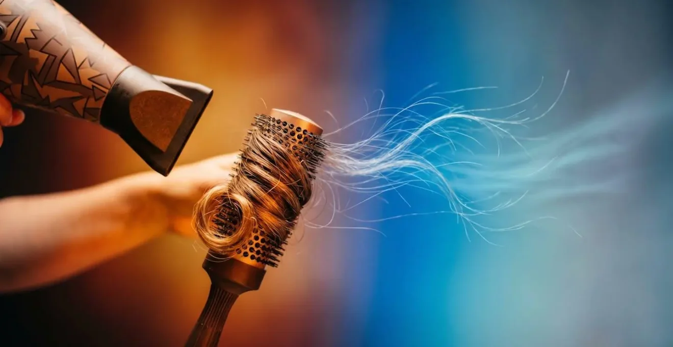 Geste technique d'une main pressant le bouton air froid d'un sèche-cheveux professionnel sur une mèche enroulée