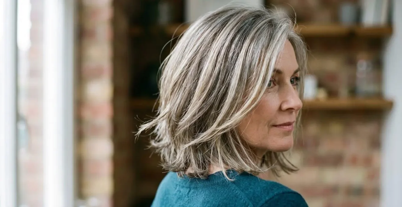 Portrait d'une femme avec une chevelure où les mèches grises, blondes et châtains s'entremêlent pour une transition naturelle.