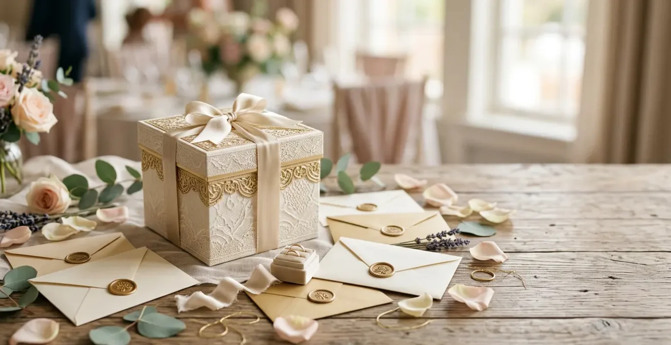 Urne de mariage élégante avec enveloppes dorées pour financer le voyage de noces