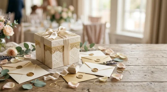 Urne de mariage élégante avec enveloppes dorées pour financer le voyage de noces