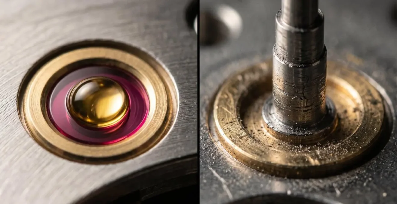Gros plan macro sur un pivot de balancier montrant les effets de l'usure par friction